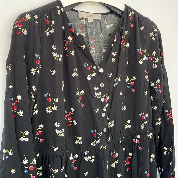 LOFT Black Casual Floral Side Tie Sundress Long Sleeves Medium Petite - Picture 12 of 16
